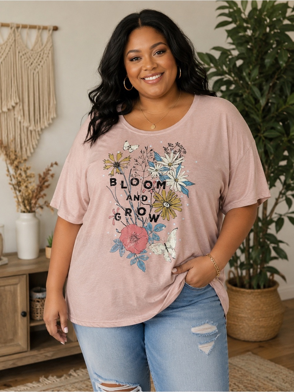 Clover + Pine 2X Bloom and Grow Graphic Tee Floral Butterfly Plus Size Top